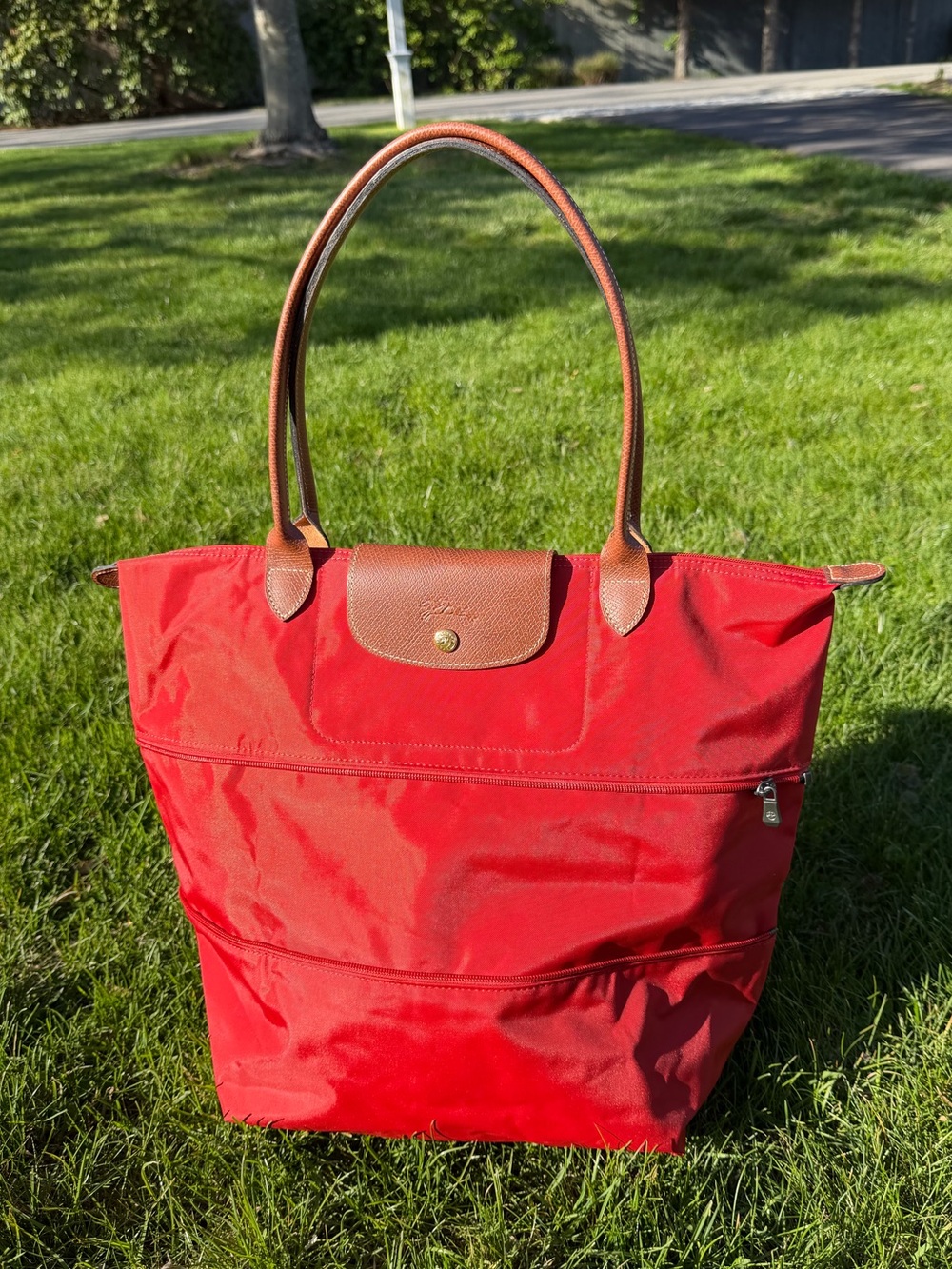 ❤️Longchamp Le Pliage Large Expandable Tote- Red Nylon Brown Leather- Like New❤️